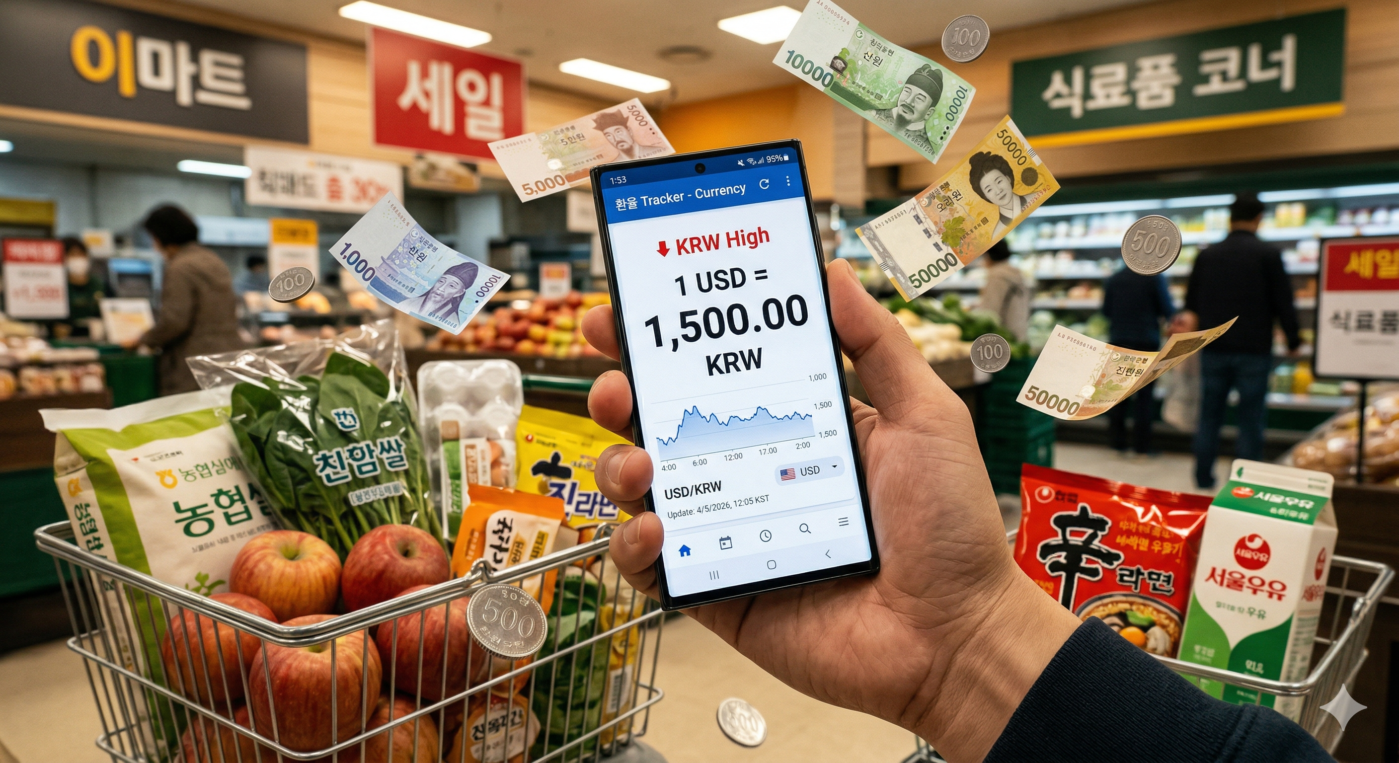 환율 1,500원 시대에 스마트폰으로 물가를 확인하며 가계부를 고민하는 한국인의 모습