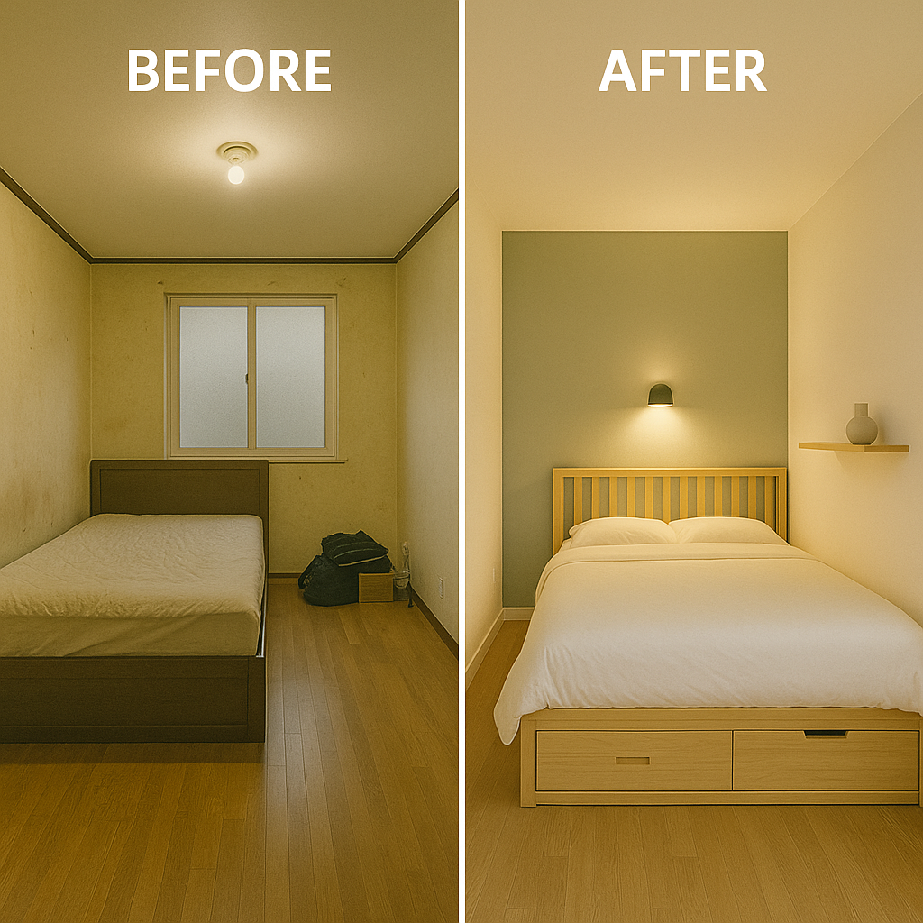 침실 Before & After – “벽 하나 색만 바꿔도 방이 살아난다