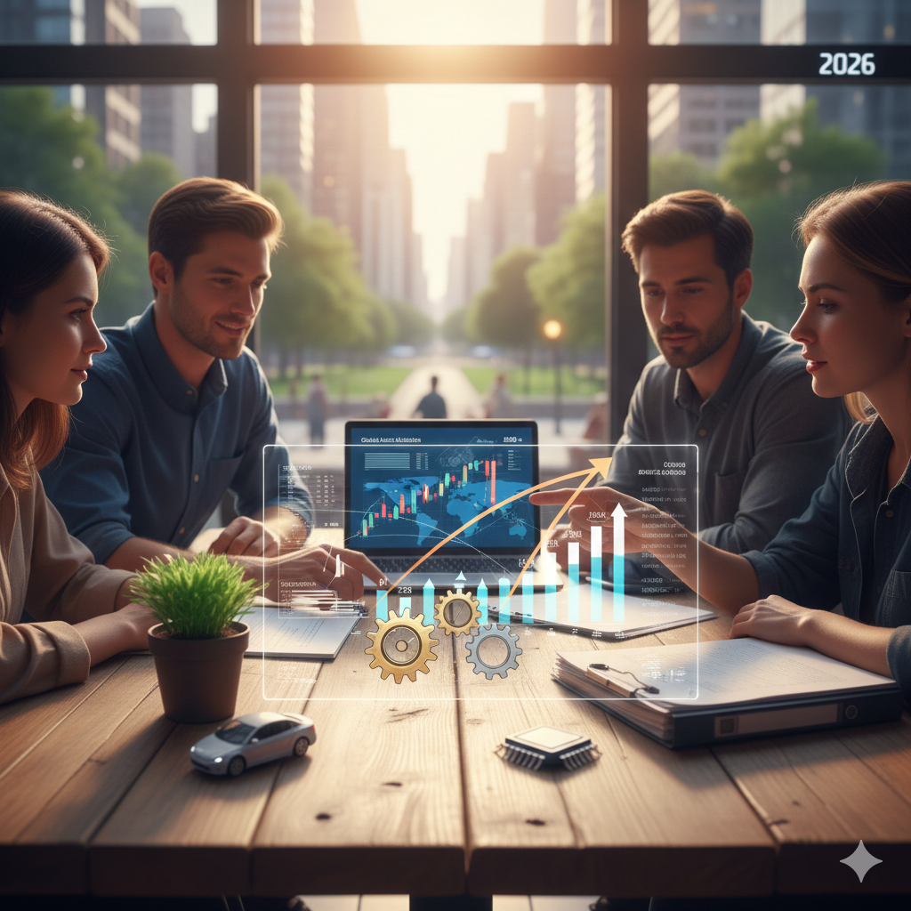 2026년을 배경으로 팀원들이 테이블에 모여 성장 그래프와 데이터 대시보드를 보며 전략 회의를 진행하는 장면