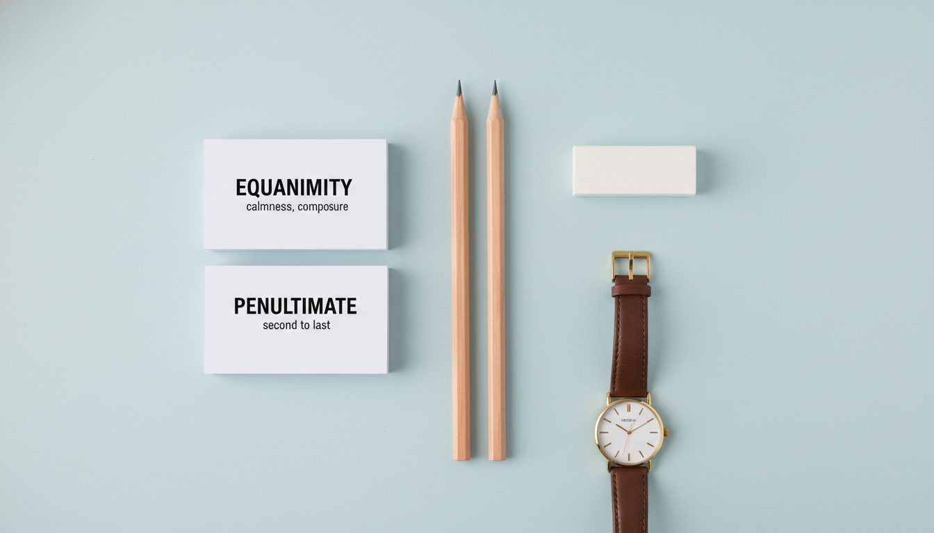 파스텔 블루그레이 배경에 정갈하게 놓인 토익 필수 준비물인 연필, 지우개, 아날로그 시계와 영단어장