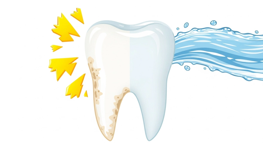 산성 레몬즙이 치아 에나멜에 줄 수 있는 영향과 물 헹구기의 중요성을 표현한 이미지