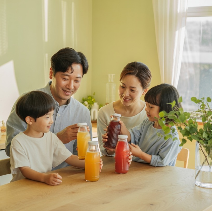 디톡스 주스 마시는 가족 이미지