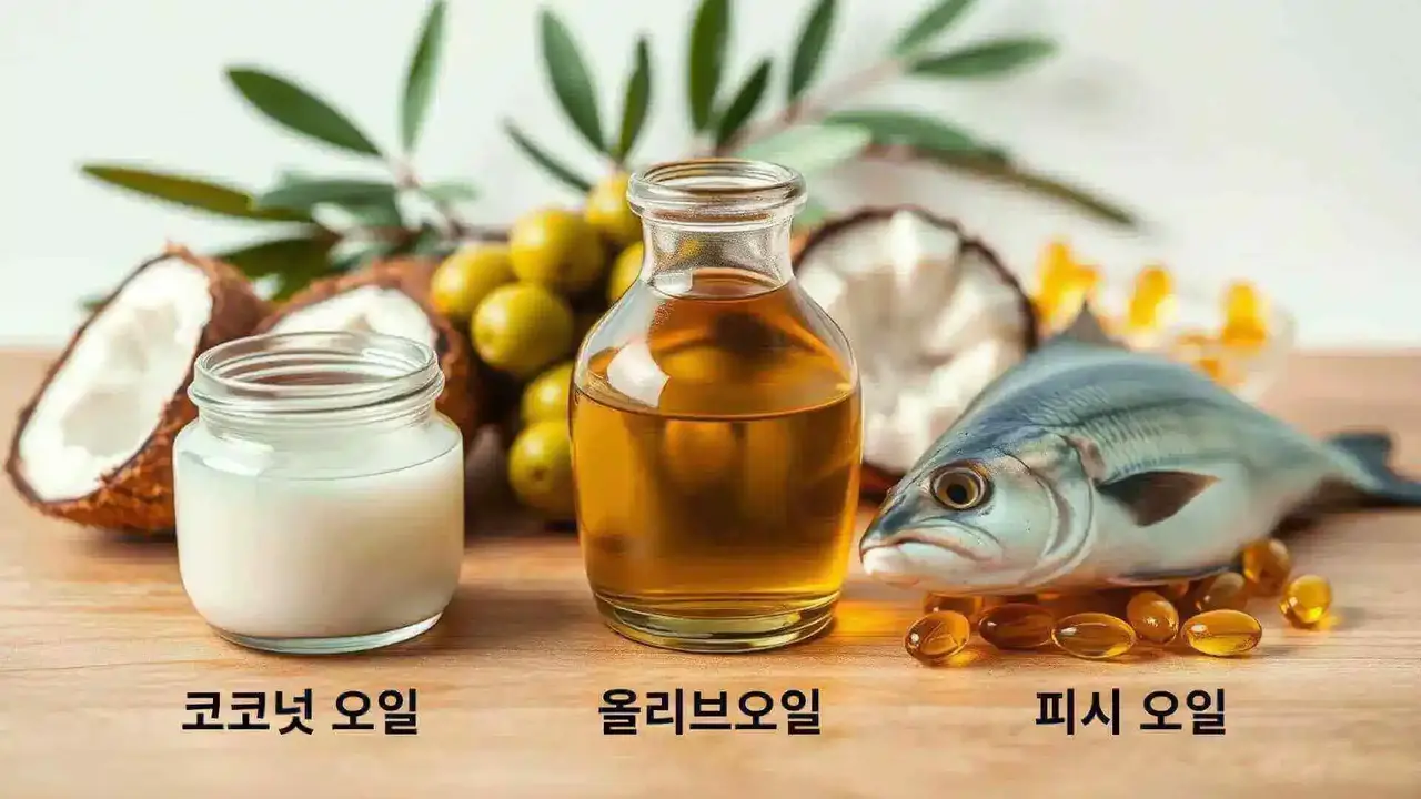 왼쪽에 코코넛 오일과 코코넛, 중앙에 올리브오일과 올리브, 오른쪽에 고등어와 피시 오일 캡슐이 나란히 배치된 지방 3종 이미지