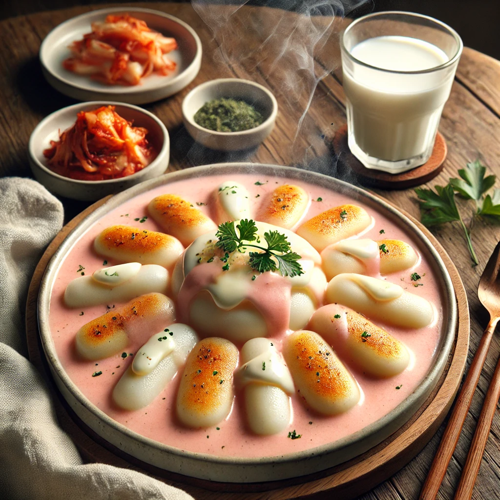 A bowl of Ros&eacute; Tteokbokki featuring cylindrical rice cakes and fish cakes, served in a soft pastel pink creamy sauce made with cream, tomato sauce, and a hint of Korean chili paste. Garnished with melted mozzarella cheese and fresh parsley, perfect for a cozy meal.