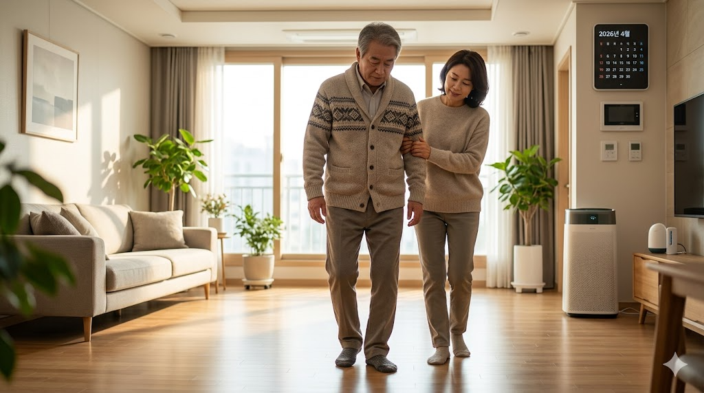 보호자가 환자의 보행 특징(자석 보행)을 관찰하며 돕는 따뜻하고 희망적인 가정/병원 분위기