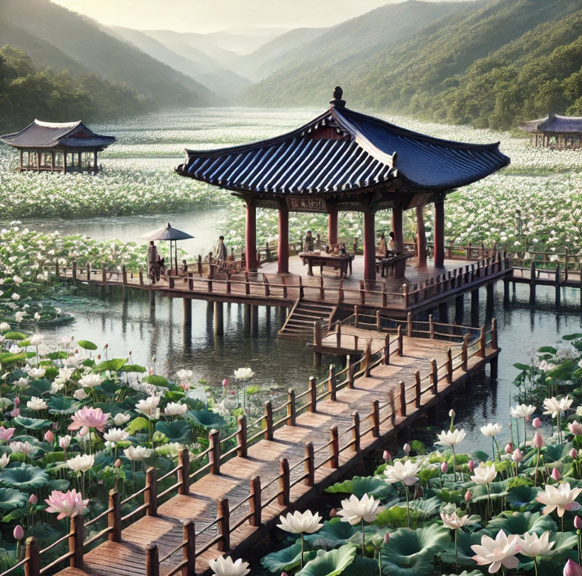 연꽃이 가득히 피어있는 모습의 풍경