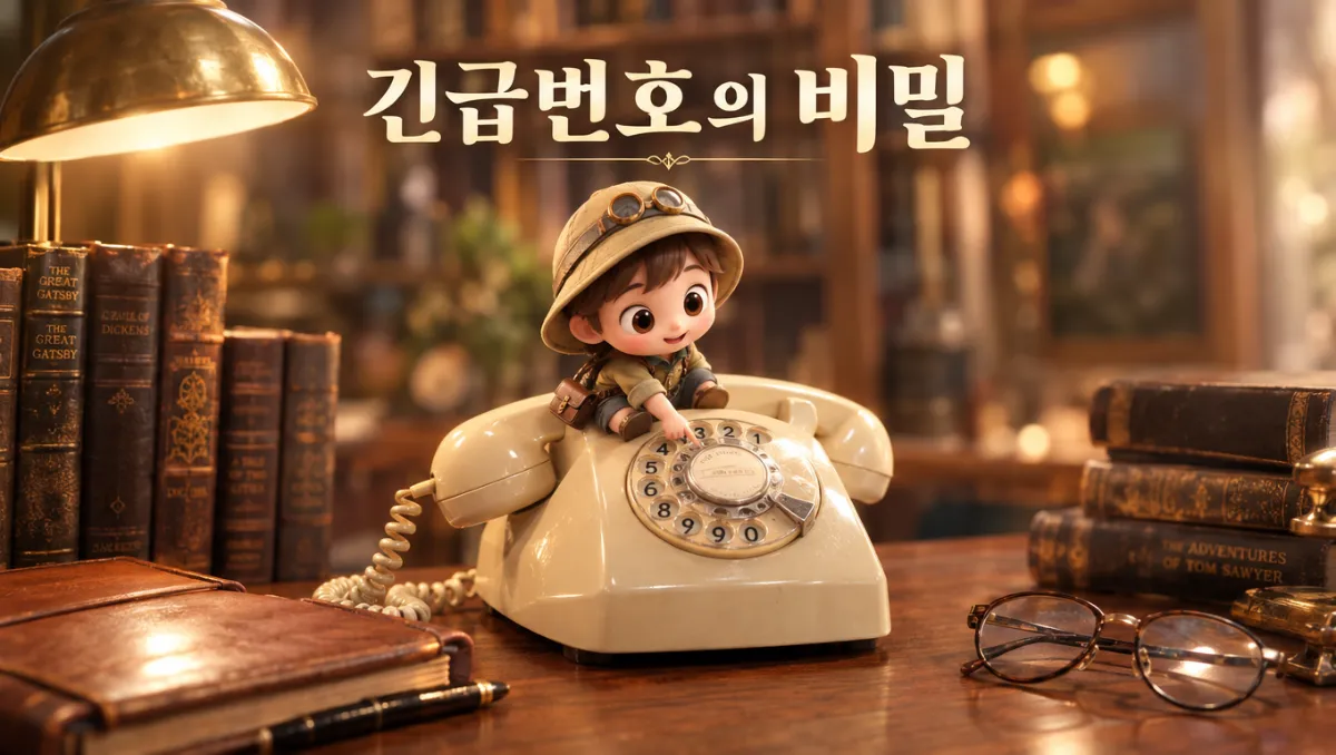 긴급번호의 비밀을 풀다 &mdash; 빈티지 로터리 다이얼 전화기 위 미니미 탐험가 캐릭터가 다이얼을 돌리며 숫자의 원리를 탐구하는 프리미엄 일러스트