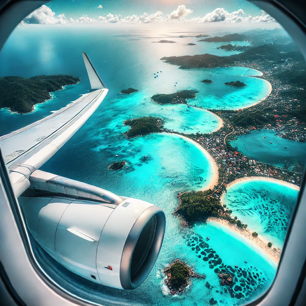 비행기 창문 너머로 보이는 푸켓의 푸른 바다