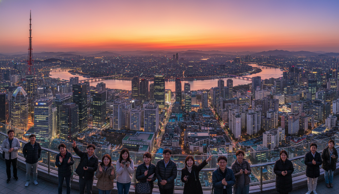 2025년 일몰 시점의 남산서울타워 전망대에서 바라본 서울의 아름다운 야경 전경. 다양한 국적의 관광객들이 감탄하며 사진을 찍는 모습.