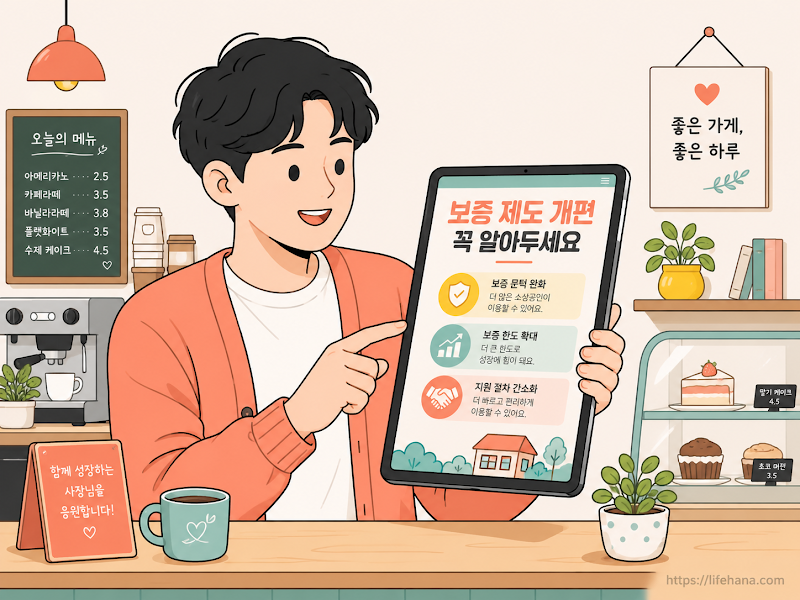 사업장 책상에서 지역신용보증재단 안내문을 보며 하반기 자금 스케줄을 정비하는 자영업자 사장님의 모습 일러스트