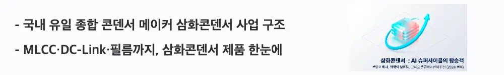 삼화콘덴서 주가 전망: ’국내 유일 종합 콘덴서 메이커 삼화콘덴서 사업 구조'라는 문구가 포함된 웹배너 이미지. 이 이미지는 삼화콘덴서의 MLCC, DC-Link, 필름콘덴서 등 제품별 매출 비중과 사업 구조를 시각적으로 전달하며, 블로그의 삼화콘덴서 주가 전망과 관련된 내용을 설명함