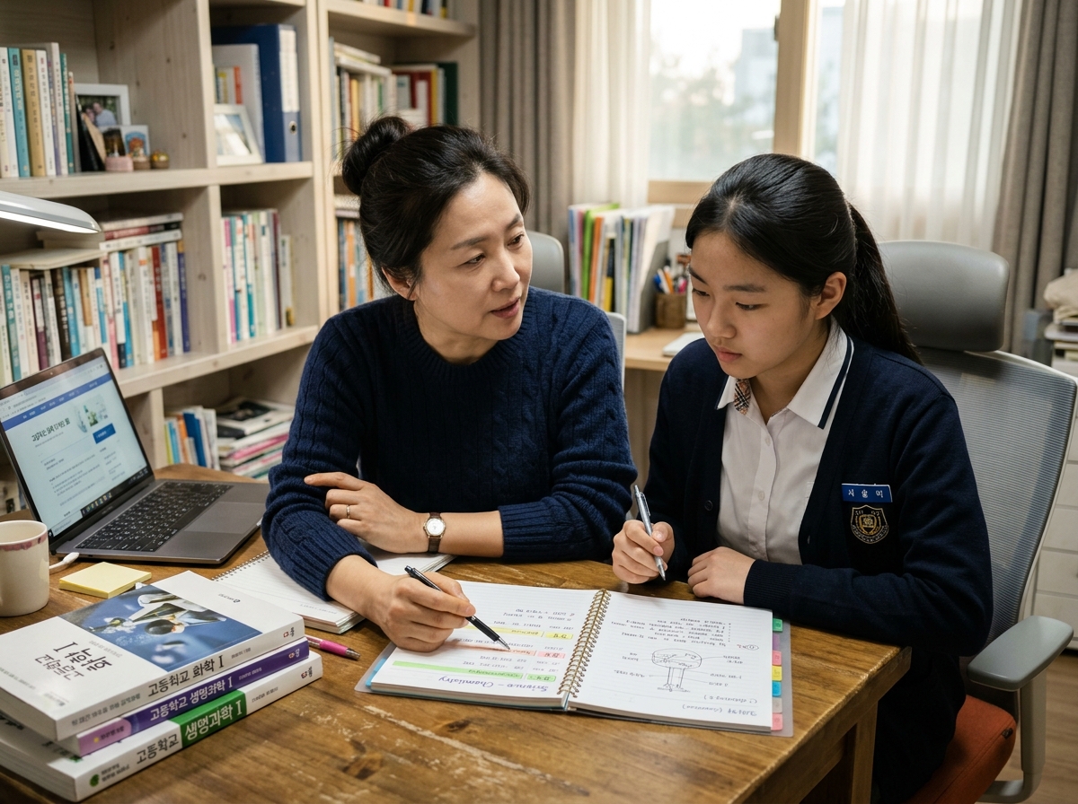 학부모와 학생이 과학 학습 계획을 함께 세우는 모습