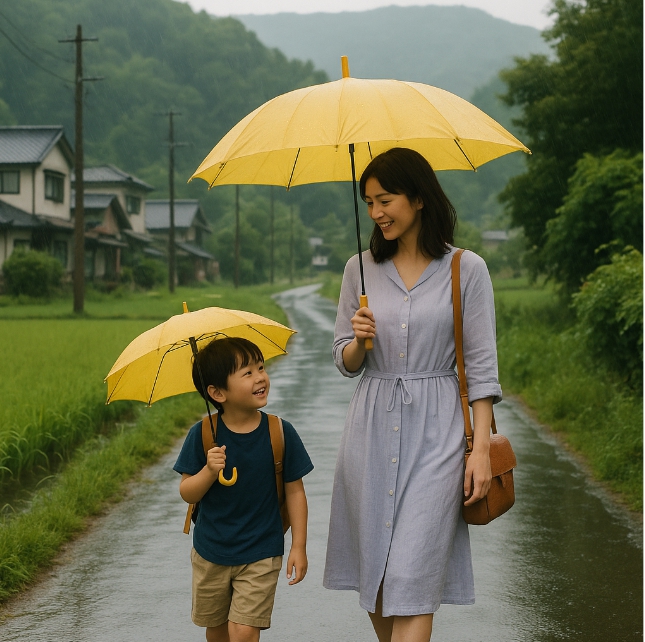 우산을 쓴 엄마와 아들 이미지