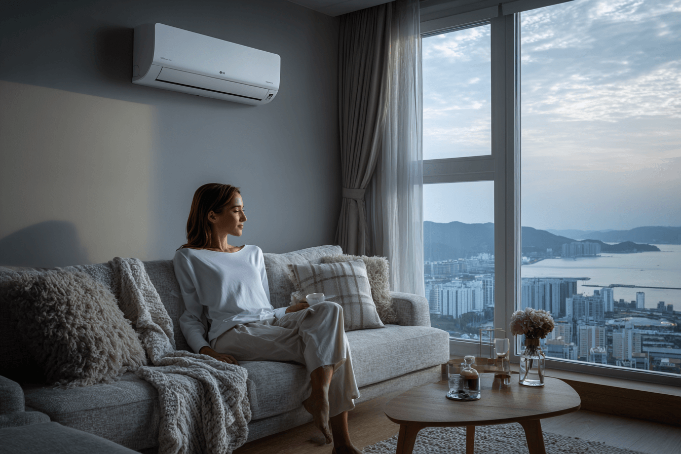 거실에서-에어컨을-틀고-쇼파에-앉아있는-여성-이미지
