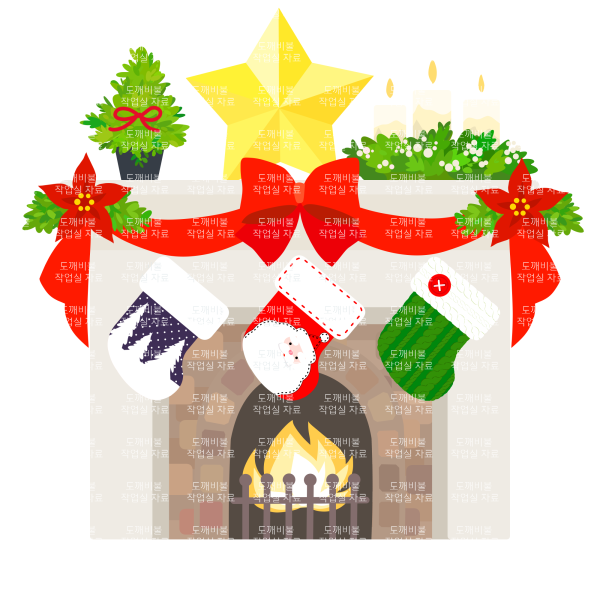 장식별과 양초 센터피스와 리본과 산타 양말 등으로 장식한 벽난로 도안 이미지