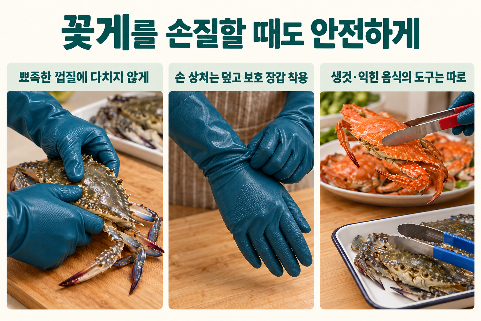 보호 장갑으로 꽃게를 손질하고 생것&middot;익힌 음식의 도구를 따로 둔 위생 안내