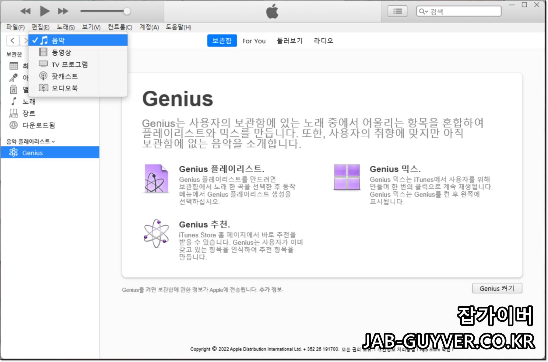 아이튠즈에서 음악, 사진, 동영상 등 보관함 항목을 관리하는 화면