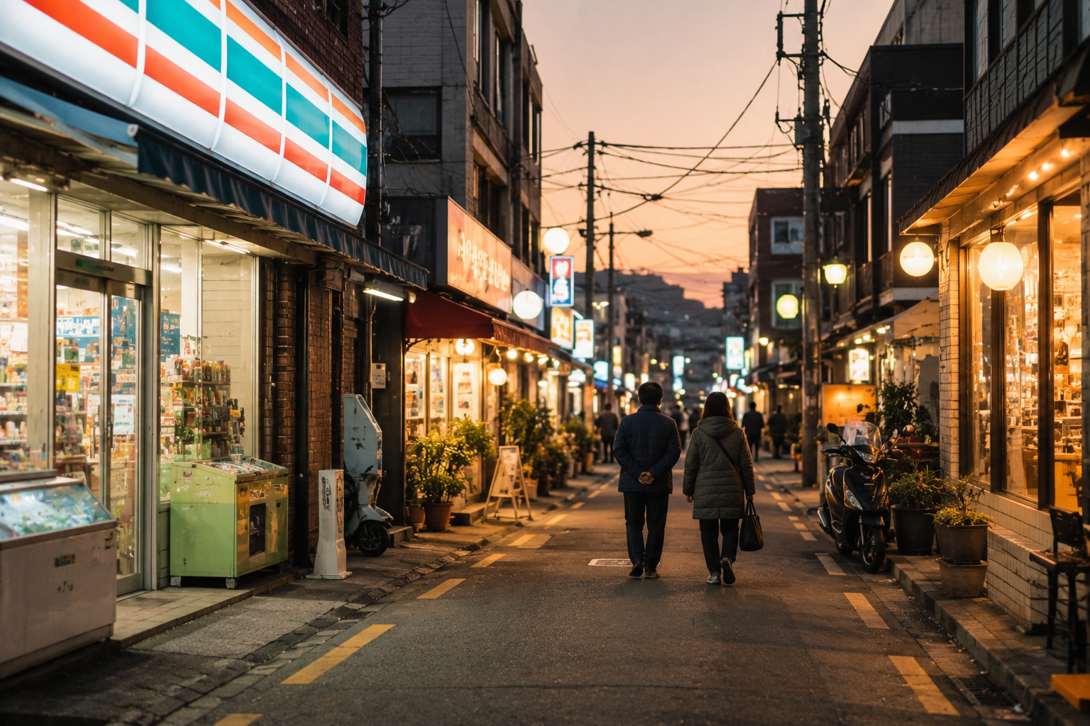 편의점과 식당, 약국, 미용실이 모여 있는 한국 동네 거리의 저녁 풍경, 따뜻한 조명과 지역경제 분위기가 느껴지는 감성 다큐 스타일 이미지