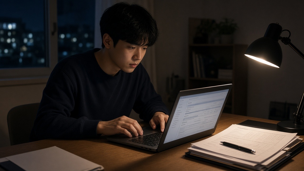 늦은 밤 책상 램프 아래 노트북으로 복지 지원을 온라인 신청하는 20대 한국인 남성과 옆에 놓인 서류 파일