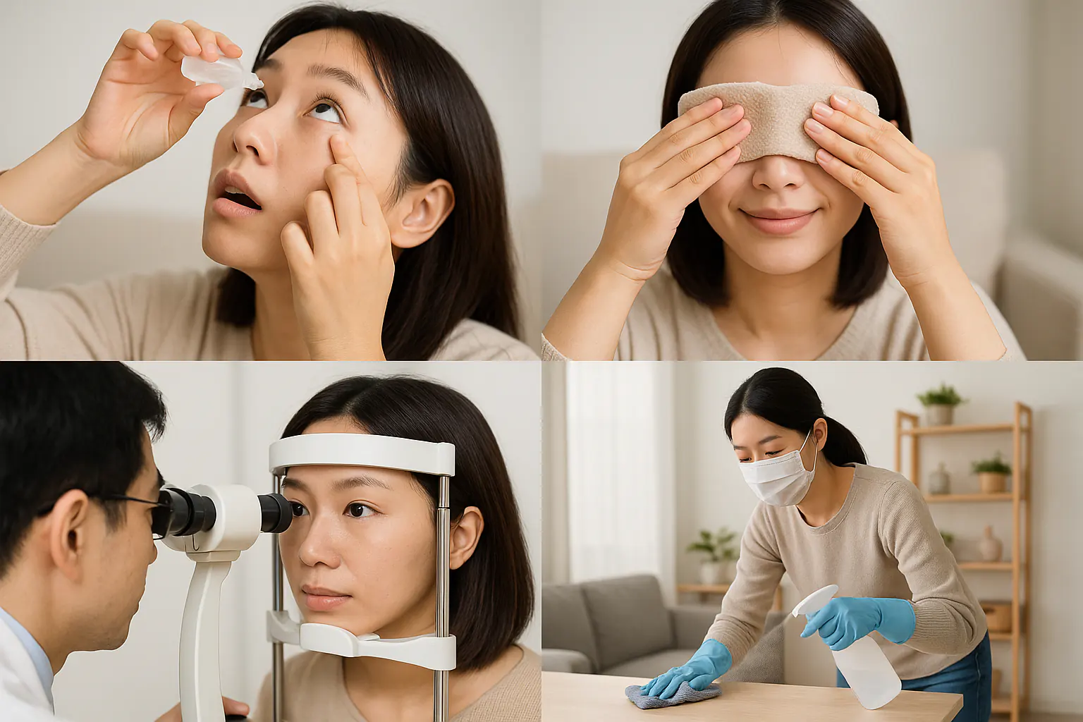 인공눈물을 넣는 장면, 따뜻한 찜질, 안과에서 진료받는 모습, 생활 공간 소독하는 이미지