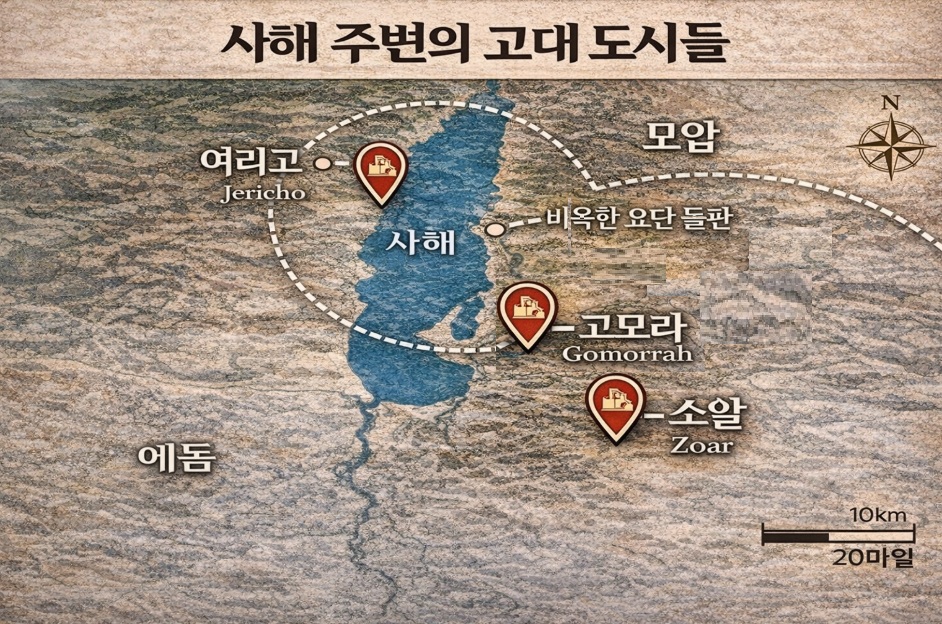 사해 주변 고대 도시와 소돔 고모라 후보 지역 지도