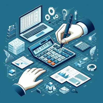 손으로 계산을 하고 있는 장면, 다양한 계산 도구와 그래프