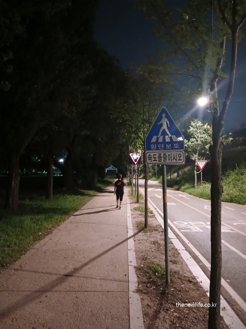 야간 공원 산책로에서 걷기 운동을 하는 사람 &ndash; 걷기 운동 호흡법 설명 보조 이미지