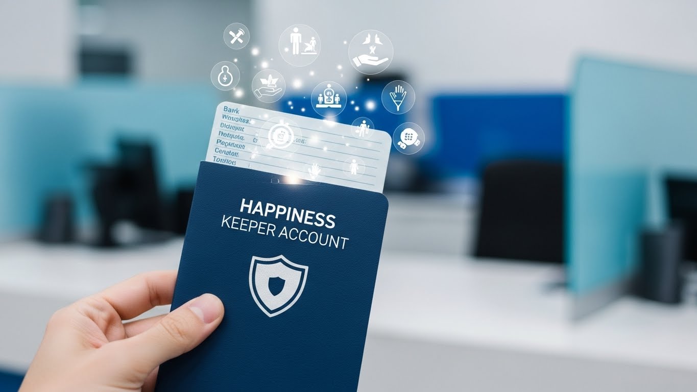 행복지킴이 통장 표지와 그 안으로 국민연금, 기초생활수급비 등 공적 급여 아이콘이 입금되는 모습을 보여주는 이미지.