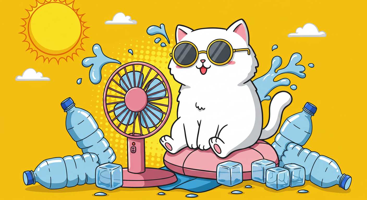 Cartoon-style cute ginger cat wearing sunglasses, sitting on a mini fan, with water bottles and ice cubes around it, in a comic-panel-like funny summer setting.