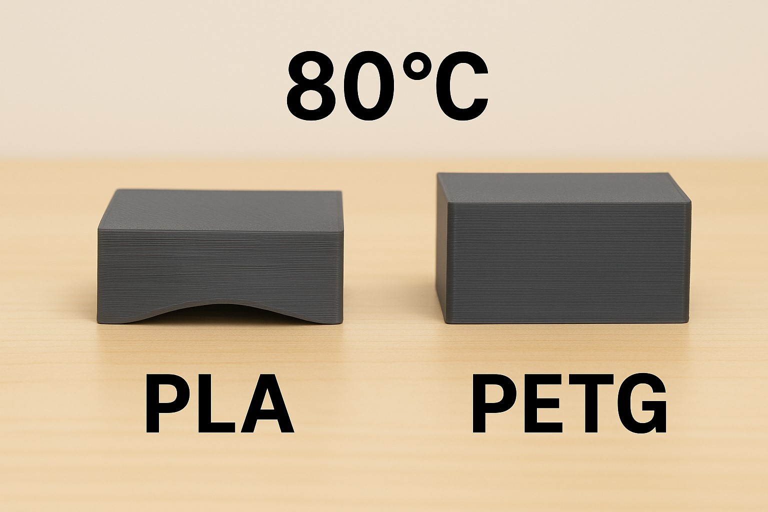 PLA와 PETG의 내열성 차이를 보여주는 비교 이미지