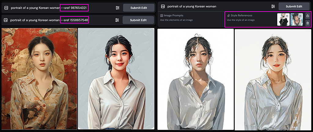 Midjourney Retexture, 스타일 레퍼런스 코드로 인물 화풍을 변경한 예시_Midjourney