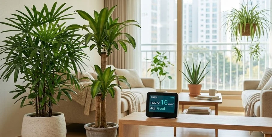 거실 소파 앞 테이블 위에 놓인 미세먼지 측정기가 PM2.5 16㎍/㎥(좋음)를 가리키고 있고, 그 뒤로 관음죽과 행운목 등 대형 공기정화 식물들이 배치된 모습