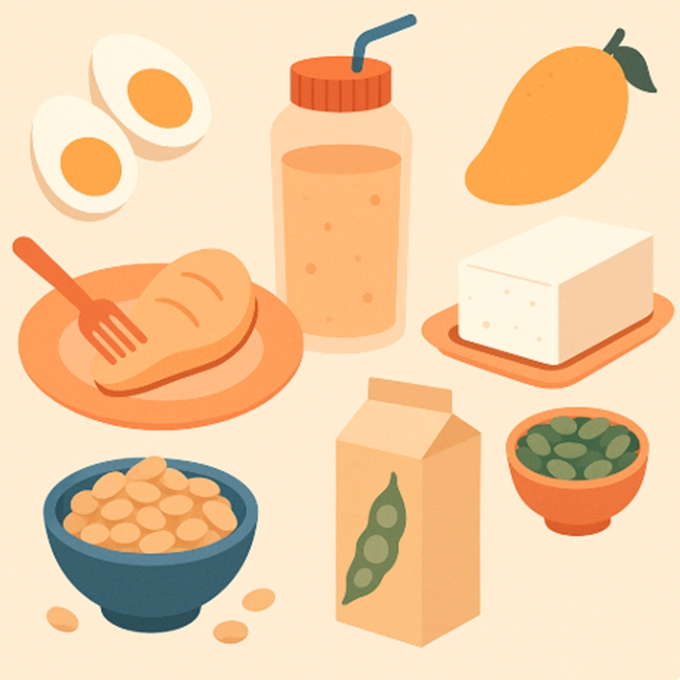 단백질 중심 다이어트 식단을 구성하는 다양한 음식들 - 계란, 닭가슴살, 두부, 콩, 쉐이크