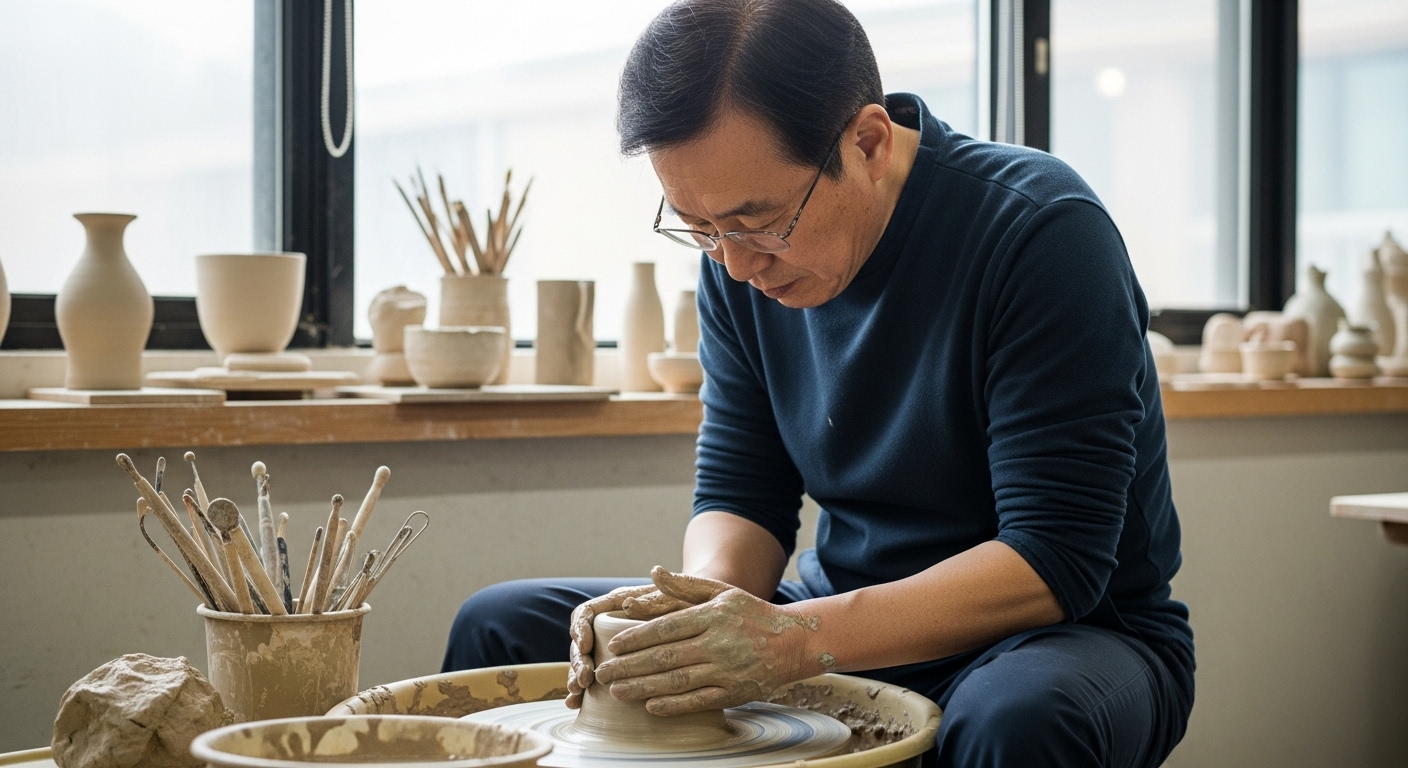 은퇴 후 도자기 취미를 시작해 물레 작업에 집중하는 67세 시니어