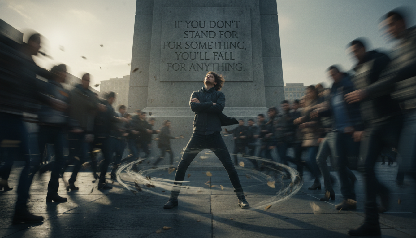 거센 바람 속에서도 굳건히 서 있는 사람의 뒷모습, 신념의 중요성 강조