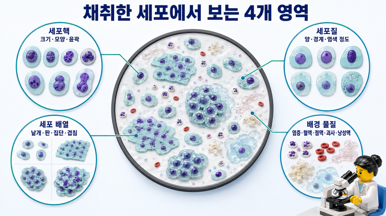 세침흡인 검체에서 세포핵·세포질·세포 배열·배경 물질을 현미경으로 관찰하는 네 가지 핵심 영역