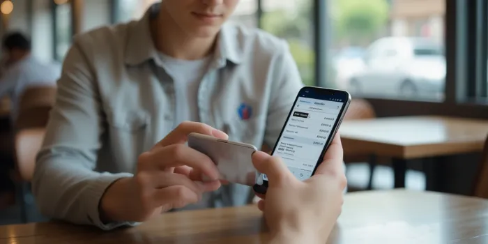 카페에서 휴대폰으로 대장내시경 비용을 확인 중인 장면