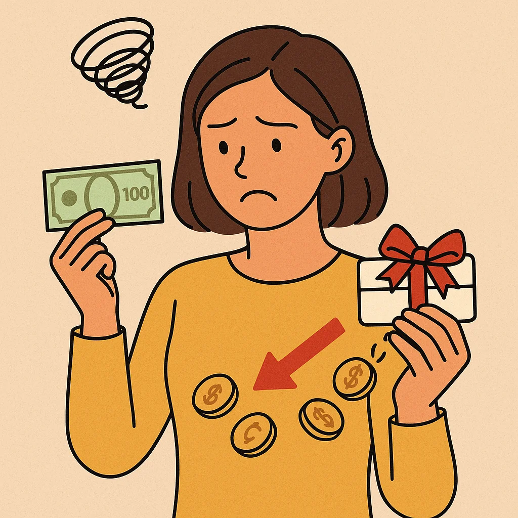 상품권을 현금화하는 과정에서 손해를 걱정하는 여성을 표현한 일러스트. 한 손에는 상품권, 다른 손에는 지폐를 들고 있으며, 동전이 떨어지는 모습이 묘사됨.