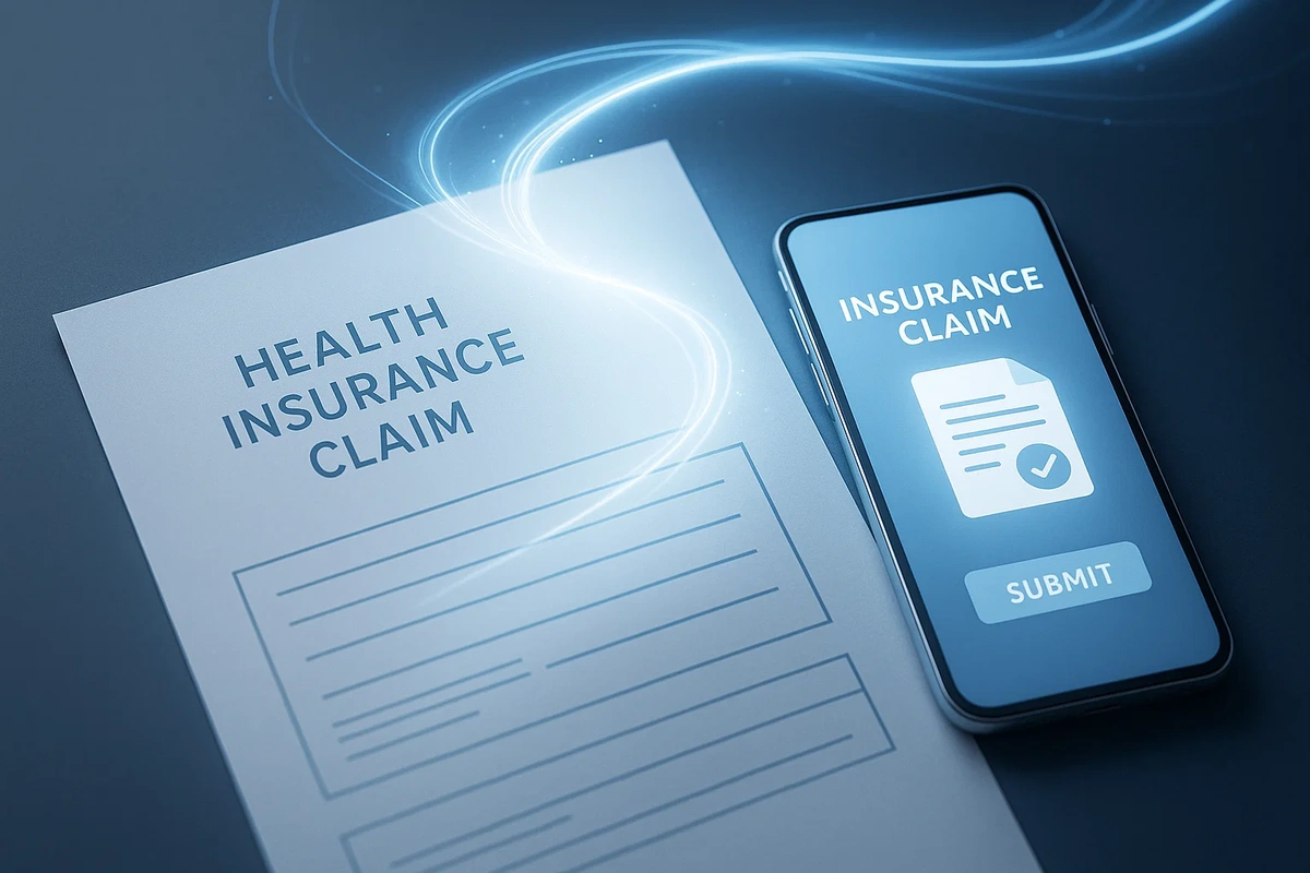 실손보험 청구서류와 스마트폰 앱 화면이 함께 보이는 이미지