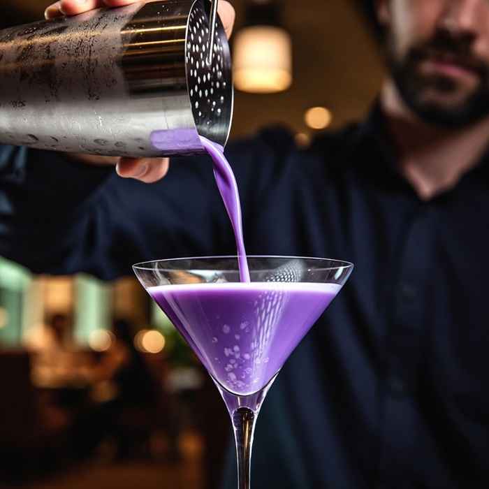 셰이커에서 잔으로 따르는 보랏빛 블랙 오키드 마티니 제조 과정