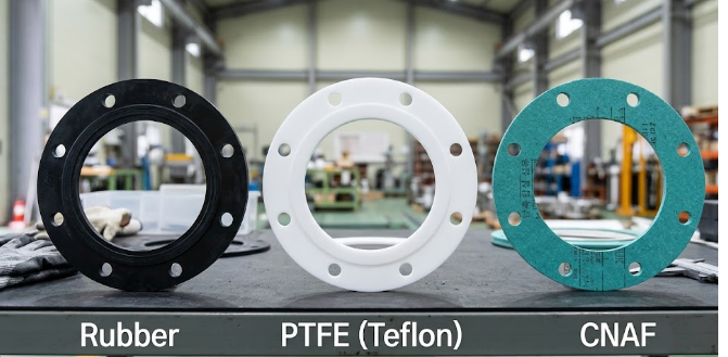 검은색 고무(Rubber) 가스켓, 흰색 PTFE 테프론 가스켓, 청록색 CNAF 압축 비석면 섬유 가스켓 등 다양한 비금속 가스켓들의 재질과 형태를 비교한 산업 현장 실물 사진