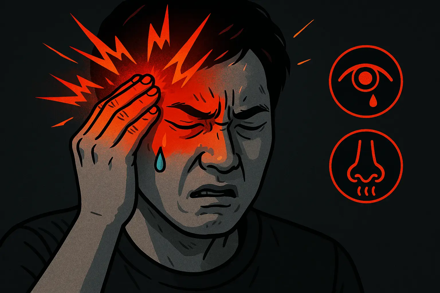 한쪽 눈 주위와 관자놀이를 강하게 누르는 남성, 심한 통증과 눈물&middot;코막힘 증상