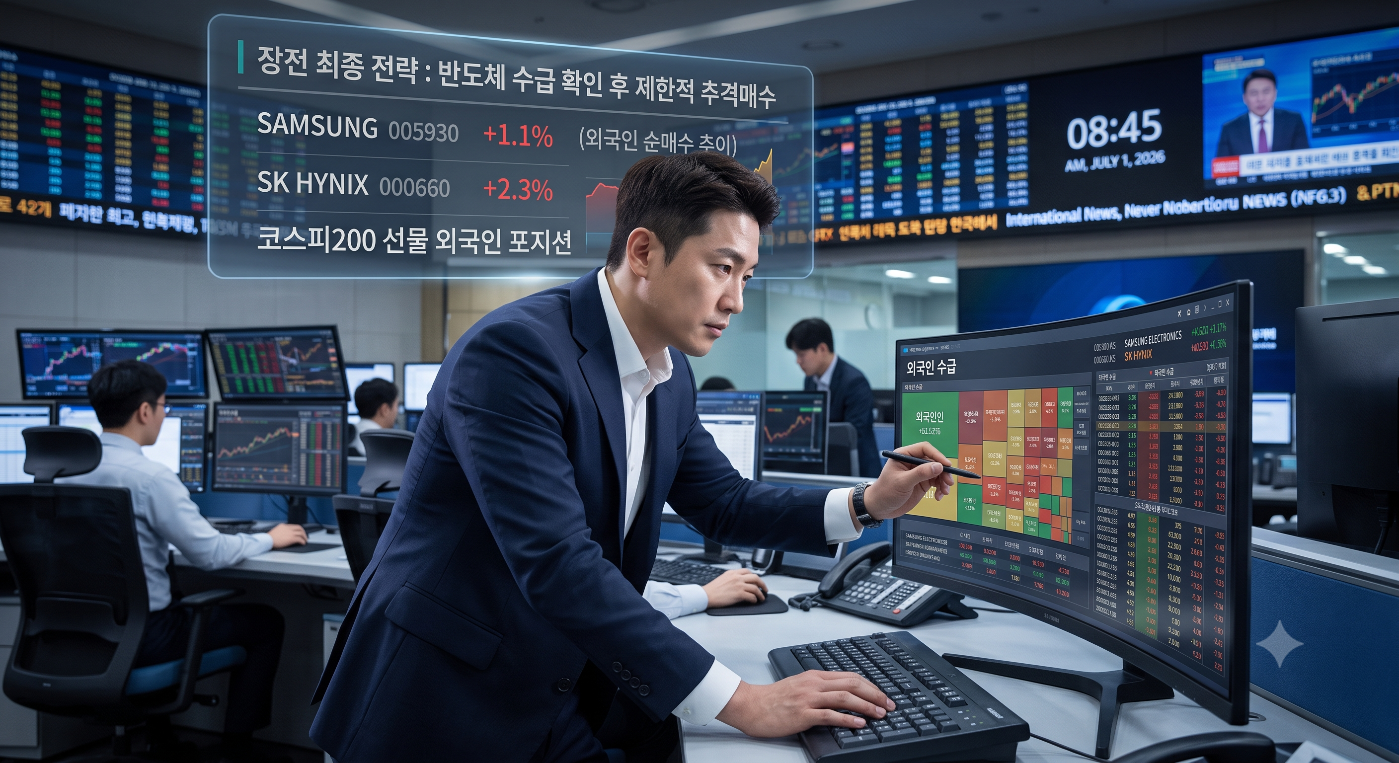 코스피 시장 외국인 순매수 유입 확인 및 이성적 투자 전략을 상징하는 비즈니스 이미지