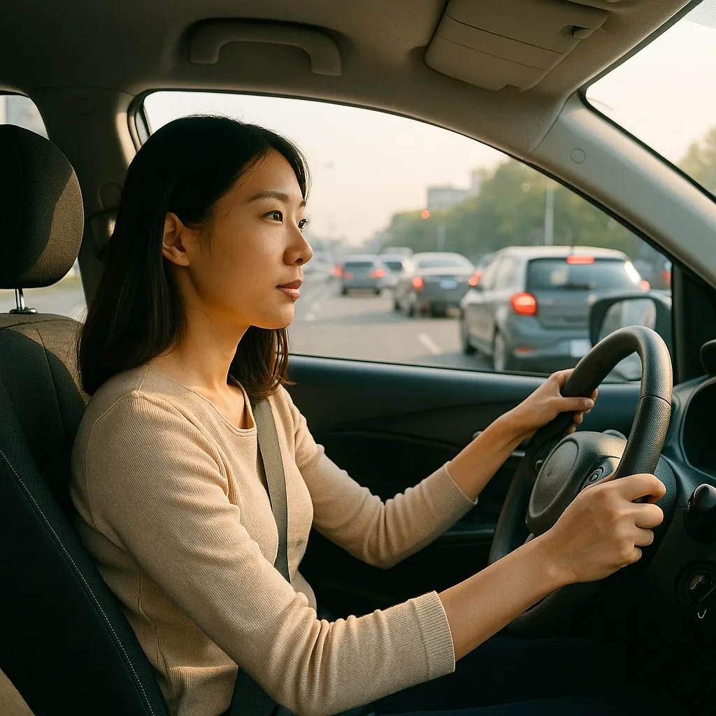 출근 시간 소형차를 운전하는 여성의 모습