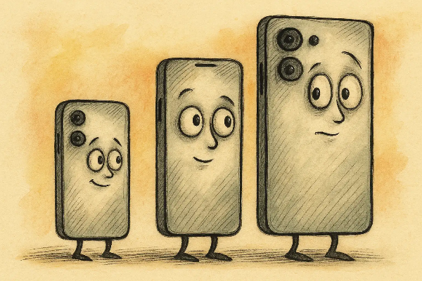 갤럭시 S25, S25+, S25 울트라 모델의 크기와 디자인을 팀 버튼 스타일 캐릭터로 표현한 일러스트, 각 모델의 개성 강조