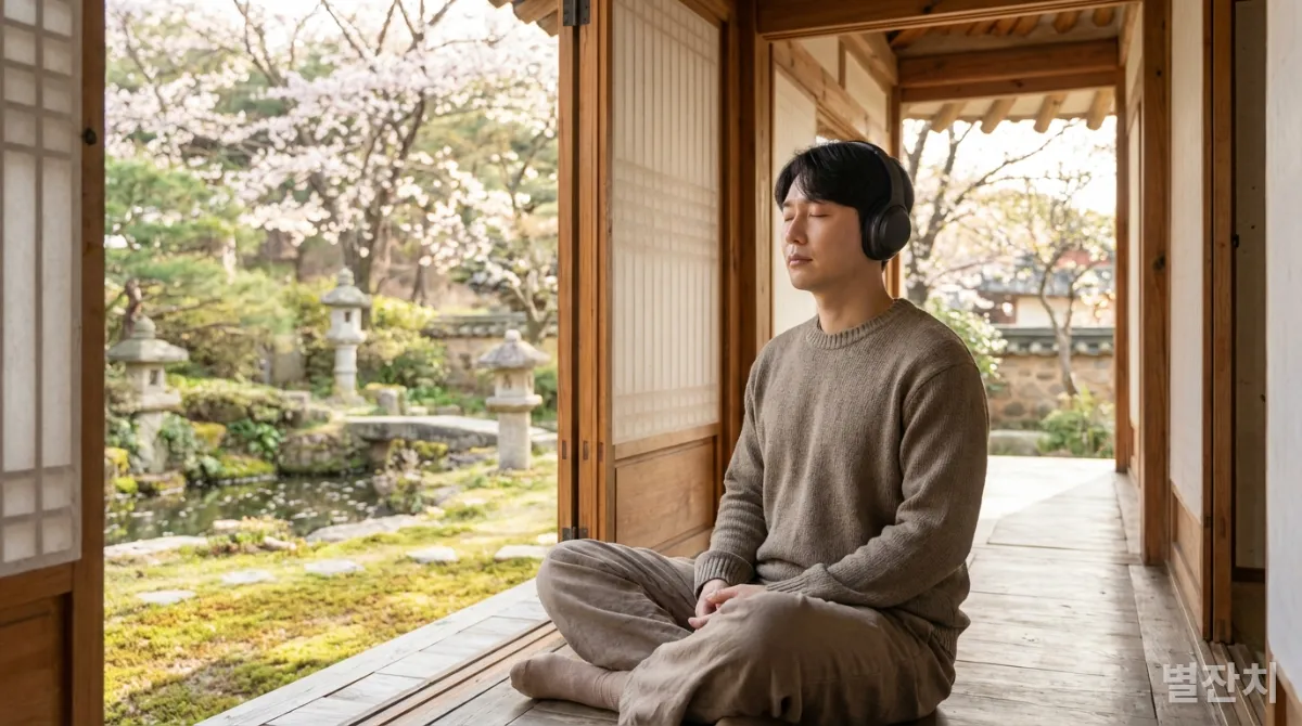 고요한 공간에서 명상하며 내면의 소리를 듣는 한국인