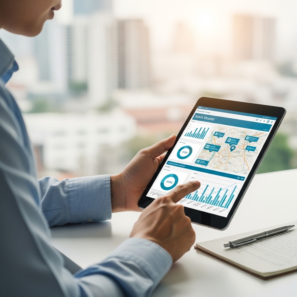 태블릿으로 부동산 시장 데이터를 신중하게 분석하는 사람의 모습, 현명한 투자 결정을 상징.