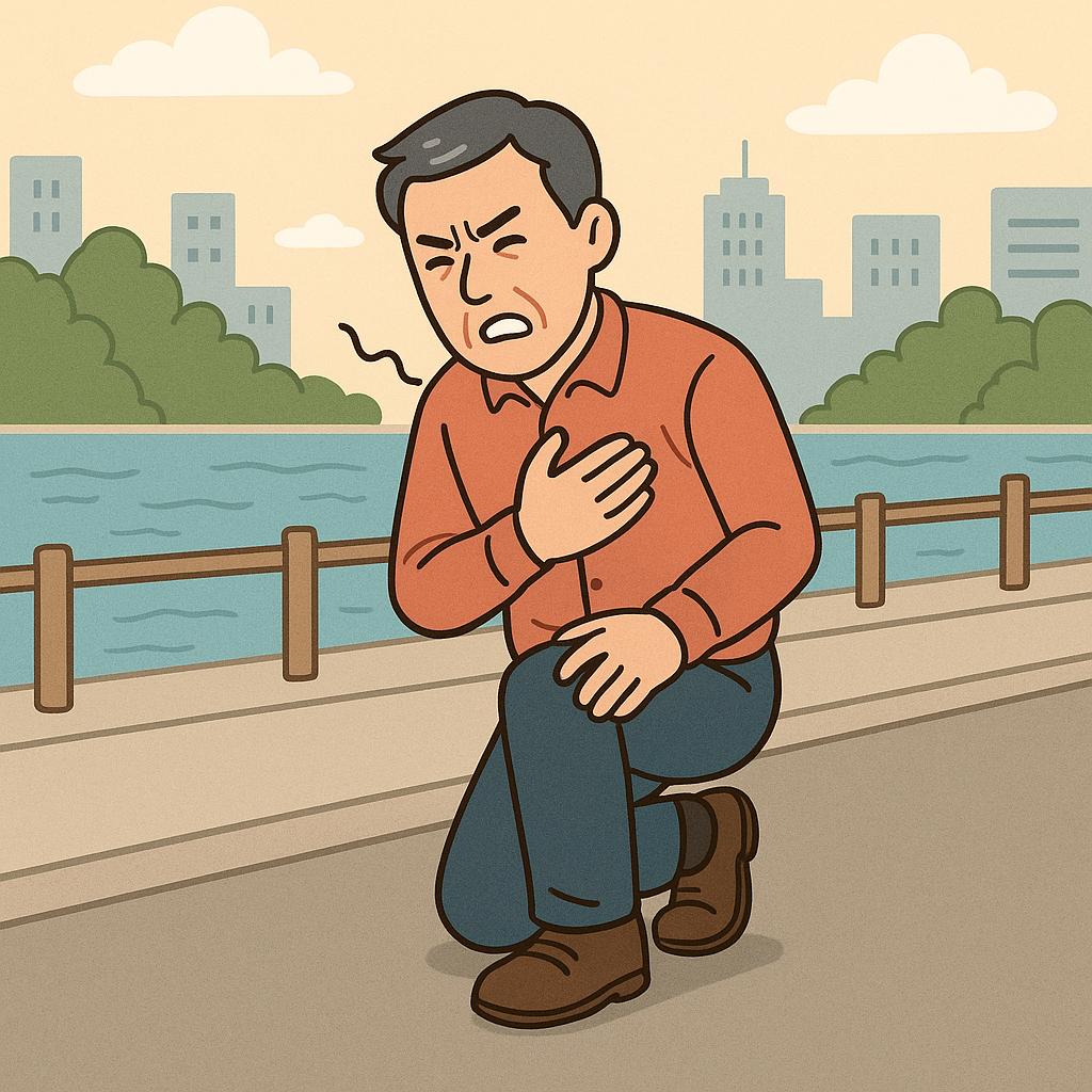 중년의 남성이 거리에서 심장부위에 통증을 느껴 한쪽 무릎을 꿇고 힘들어하는 모습 만화체 그림