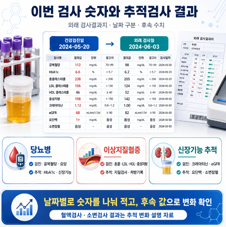 건강검진일과 외래 검사일의 혈액검사&middot;소변검사 수치를 날짜별로 비교한 추적검사 결과 인포그래픽
