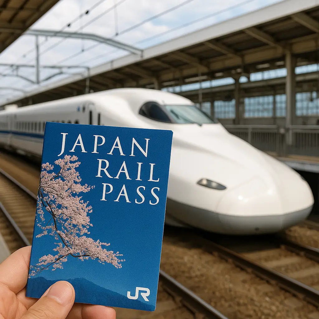 신칸센 역 플랫폼에서 JR패스를 손에 든 여행자의 실사 이미지